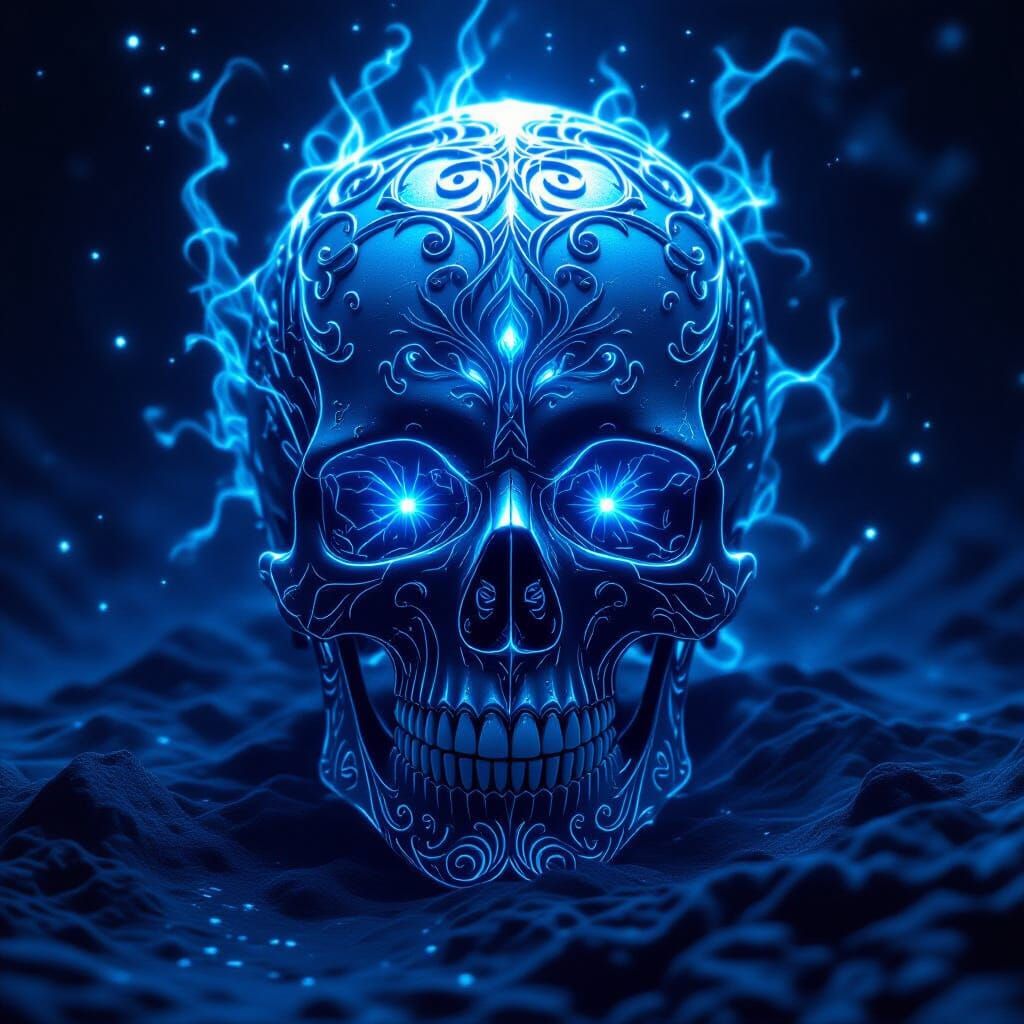 Glowing Blue Skull with Filigree in Cosmic Dark Fantasy Styl...
