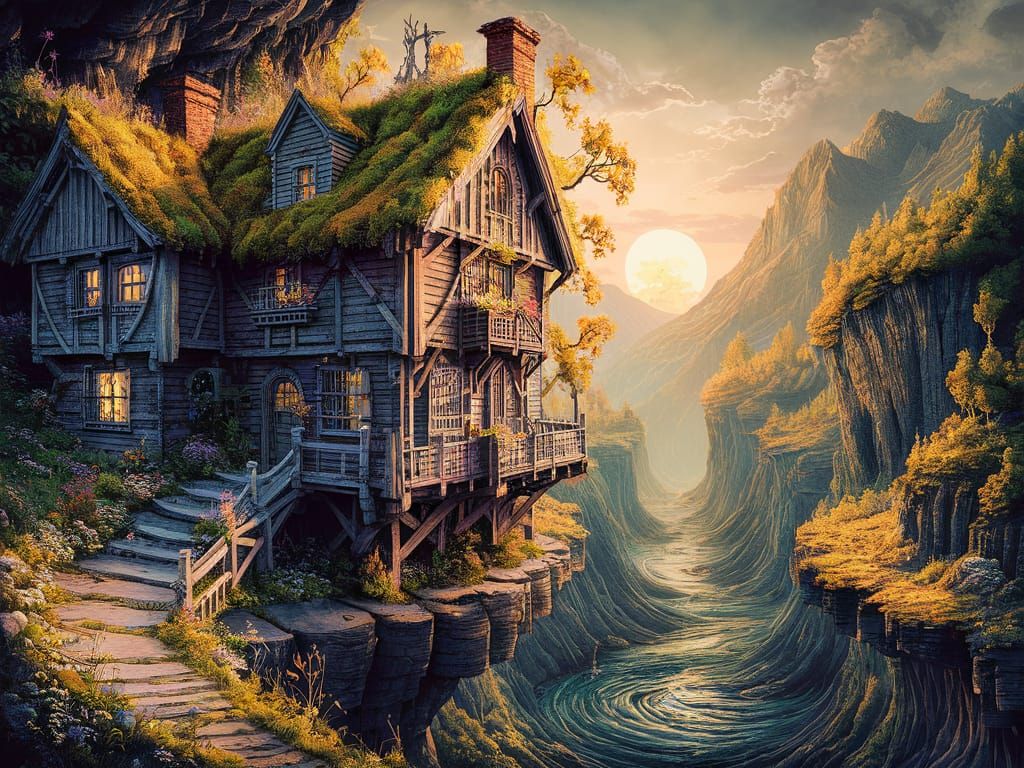 Picturesque Cottage Overlooking Ravine in Watercolor and Ink