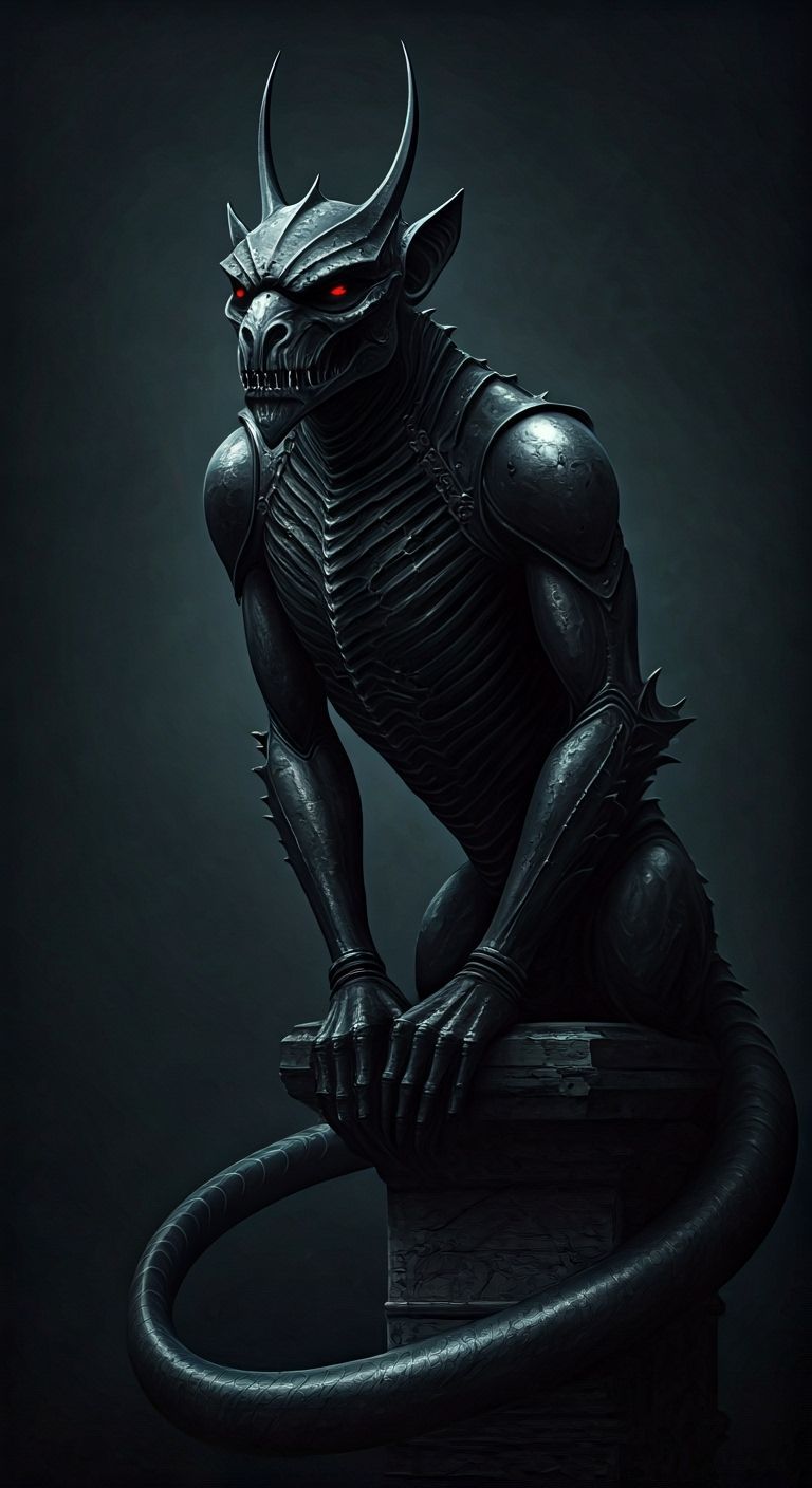 A gargoyle with black metal skin. An elongated body with a s...