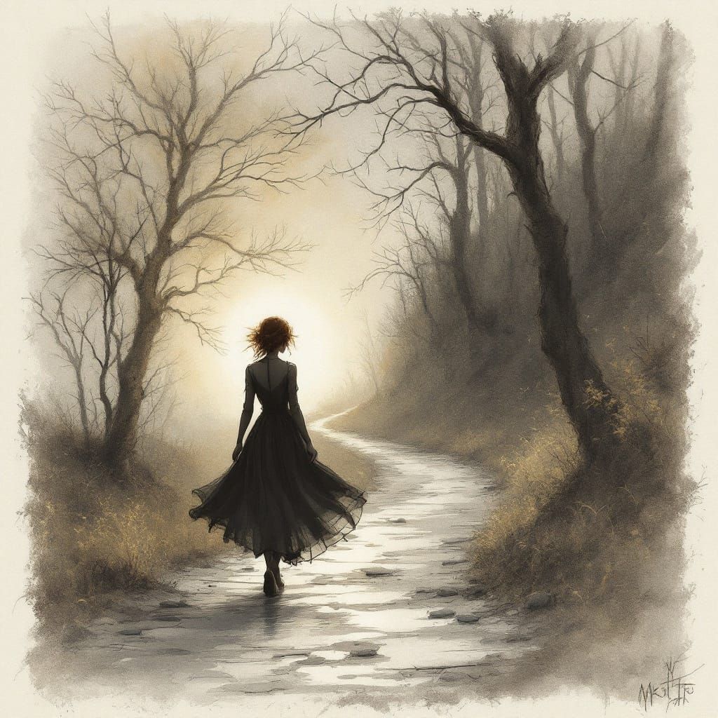 Vintage Storybook Illustration of Woman on Quiet Street