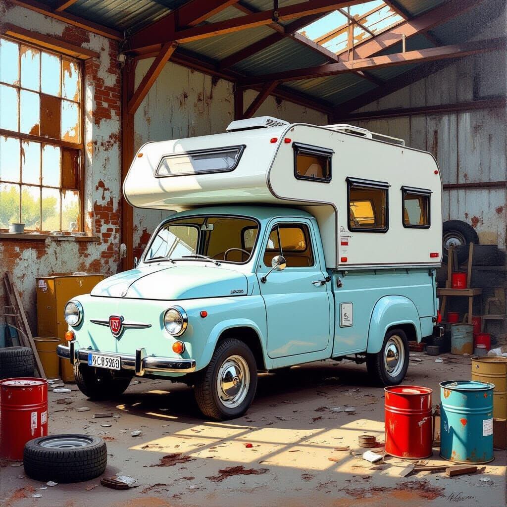 Fiat 500 Camper in Abandoned Workshop Oil Painting