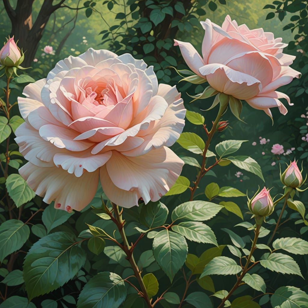 Delicate Pink Rose Blooms in Impressionist Style