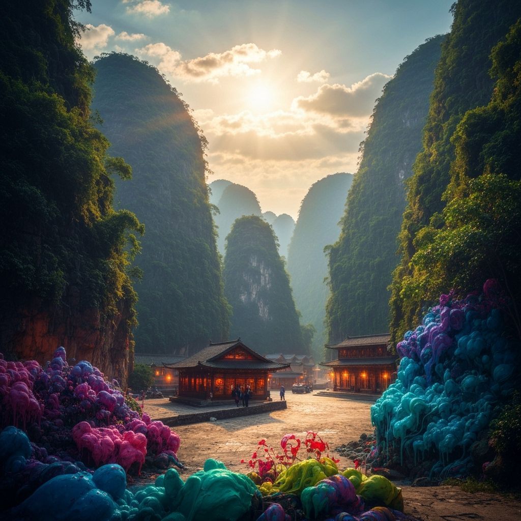 Fantastical Yangshuo Landscape in Cyberpunk Style