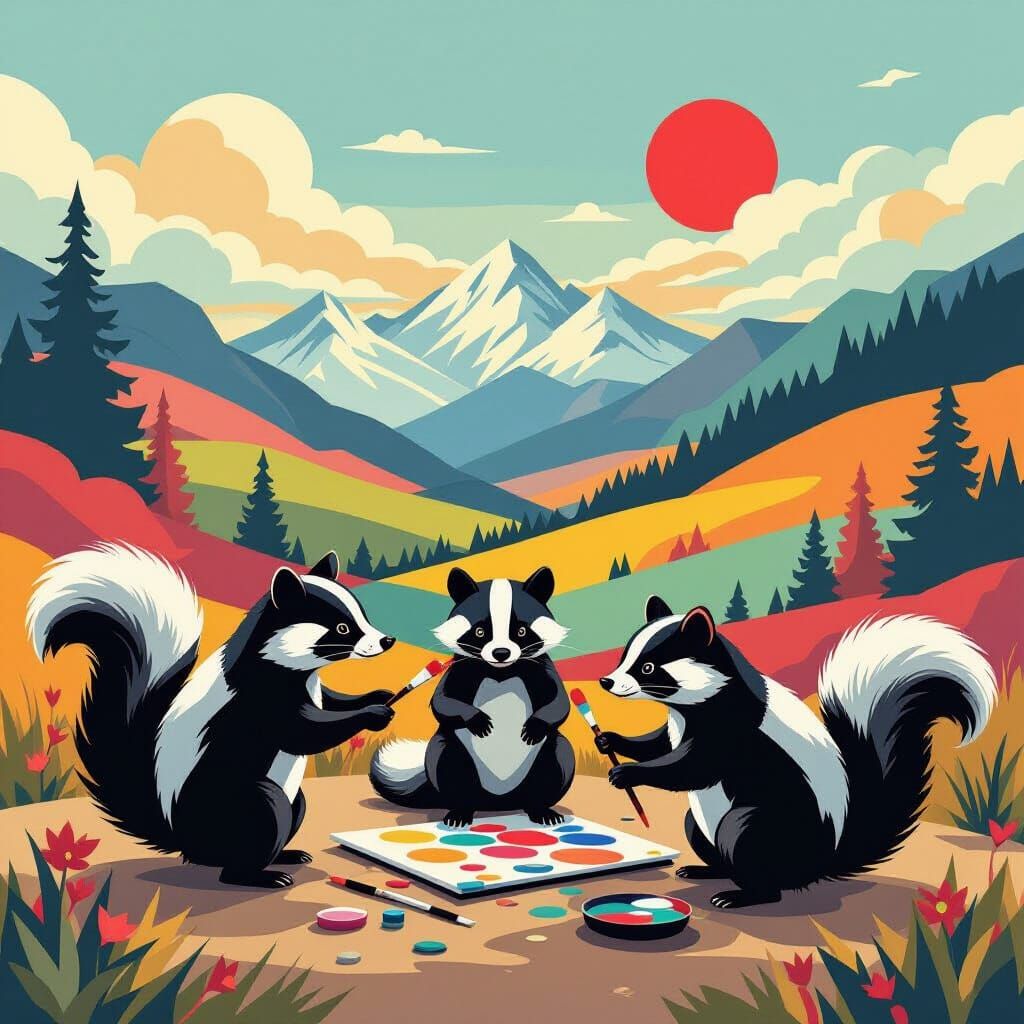 Skunks Painting Vibrant Landscape in Neo-Cubist Style