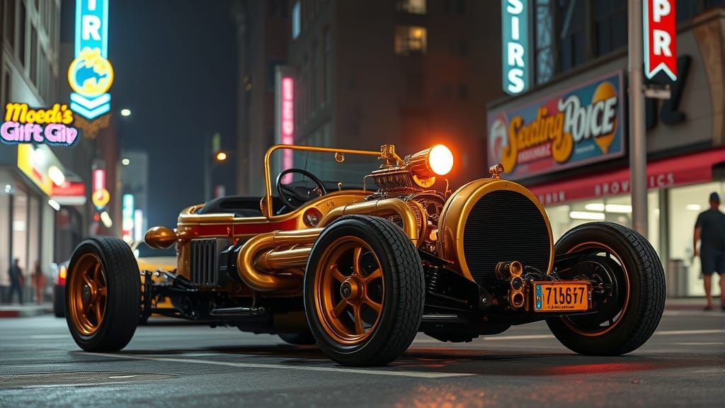 Steampunk Brass Hot Rod Convertible Illuminated at Night