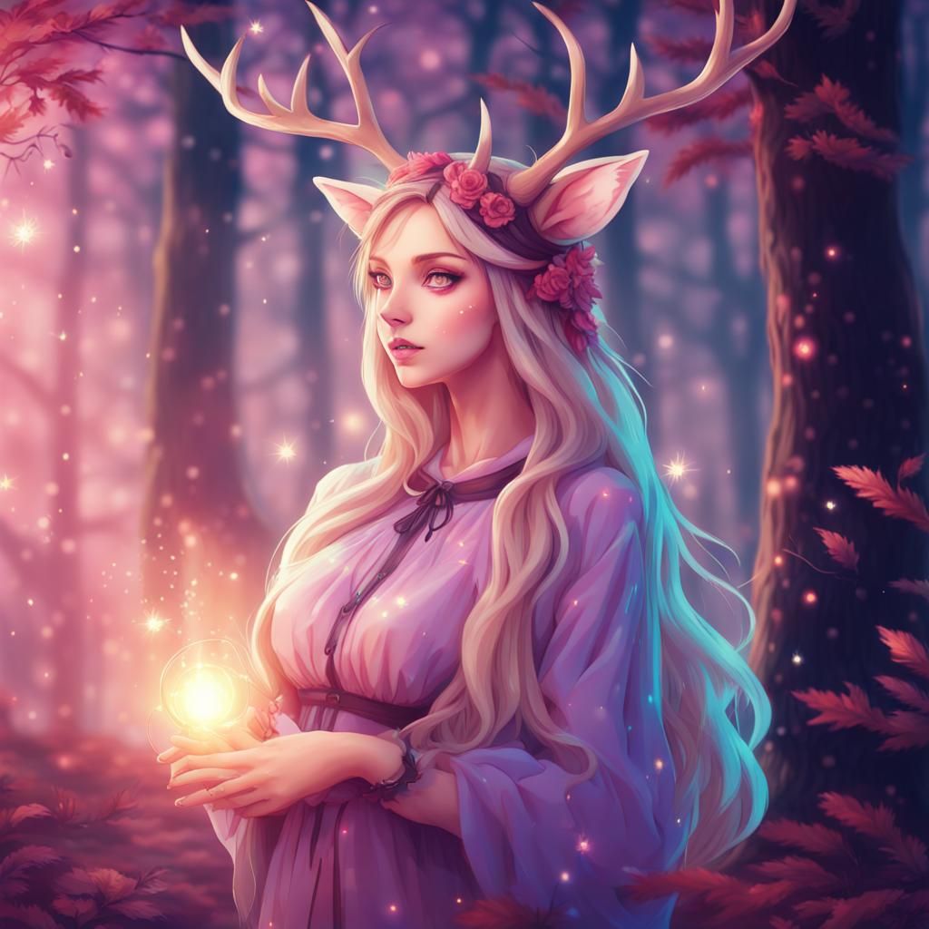 Doe Woman in Anime Style Forest