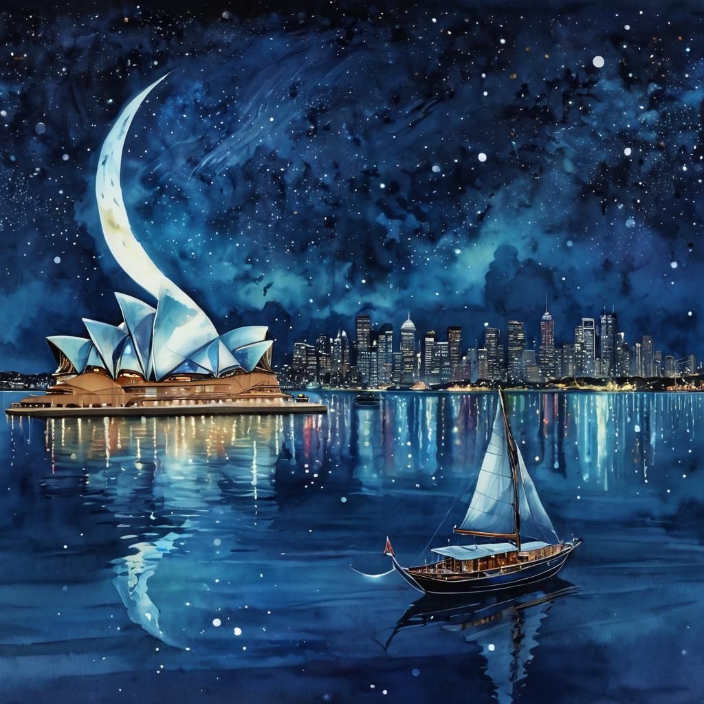 Sydney Opera House at Midnight: Watercolor Illustration