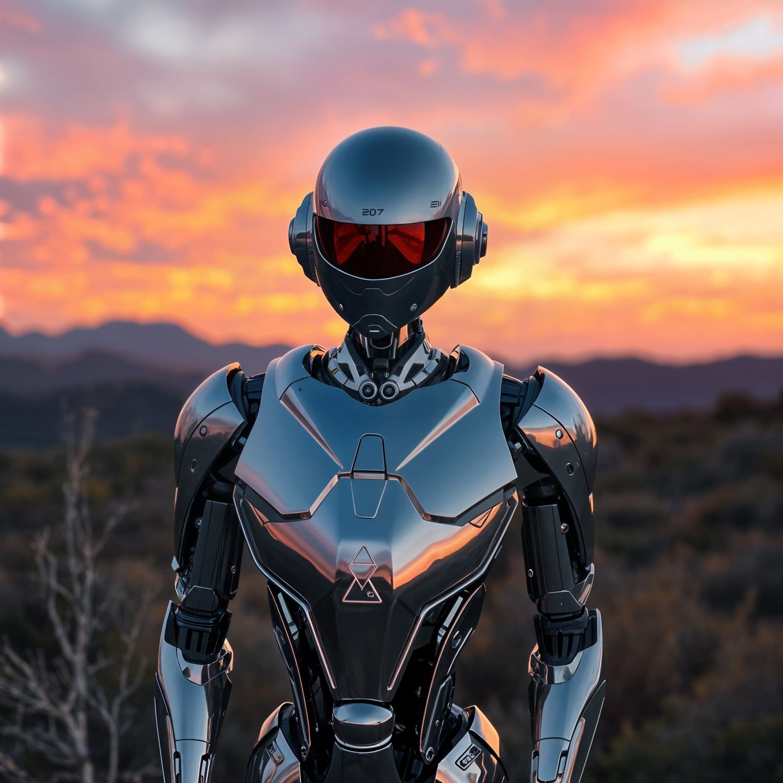 Chrome Robot Amidst Sunset Landscape