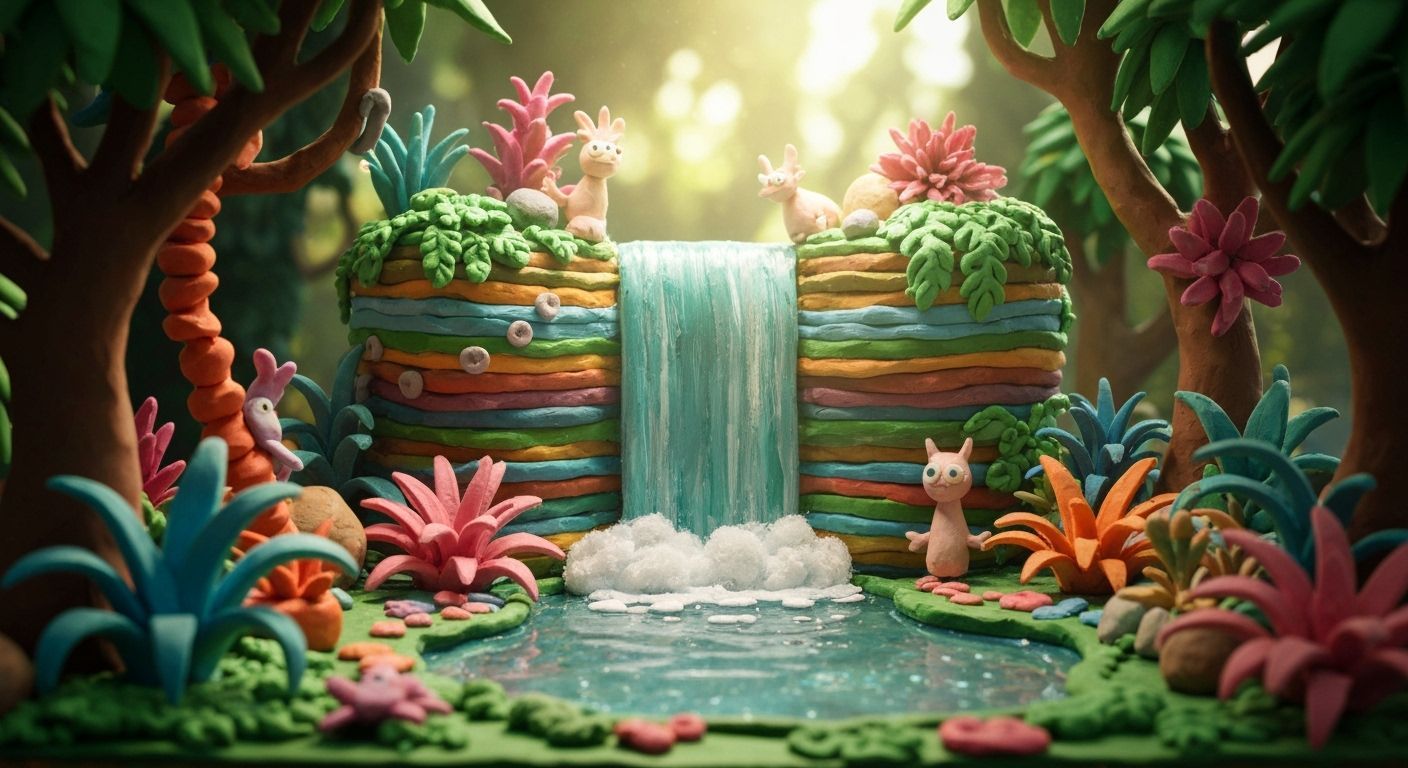 Vibrant Clay Waterfall Miniature with Magical Creatures
