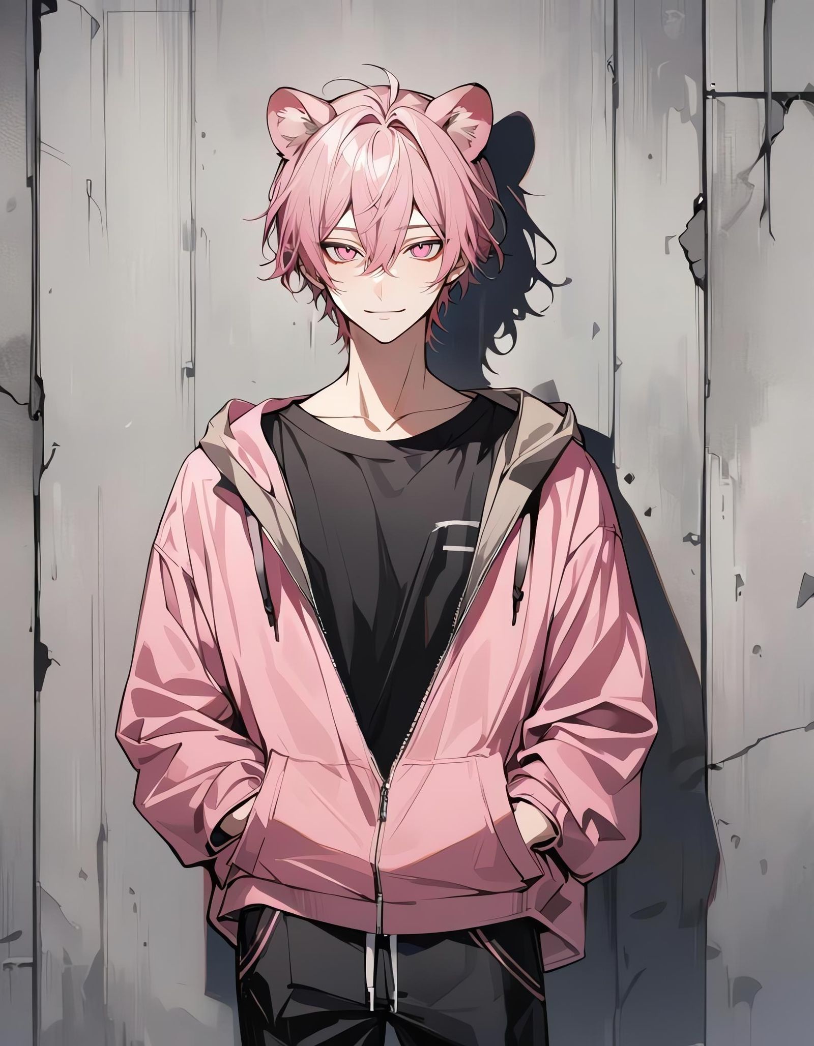 Pink-Haired Anime Boy with Raccoon Ears in Urban Scene