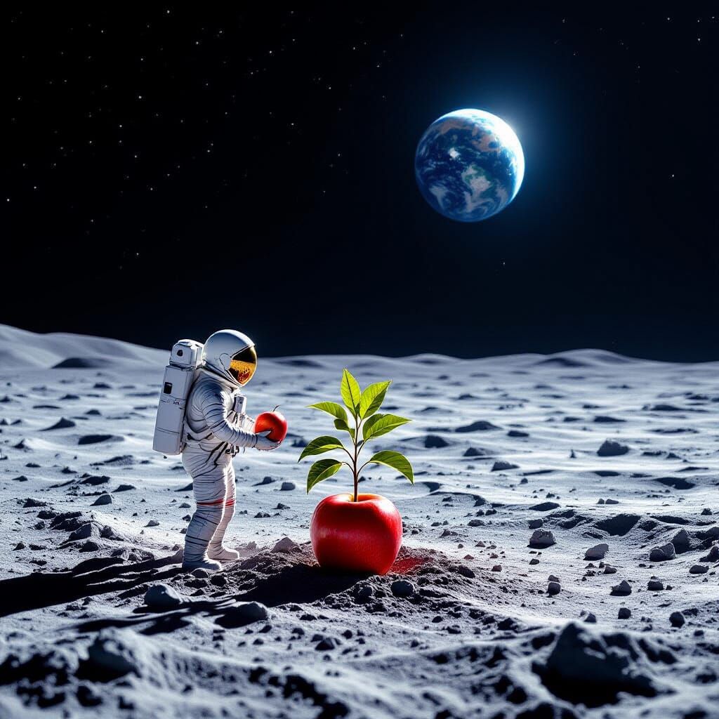 Astronaut Tends Apple on Moon with Earth View