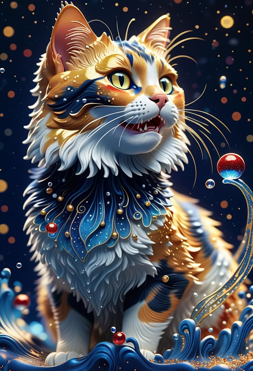 Calico Cat Made of Water in Digital Claymation