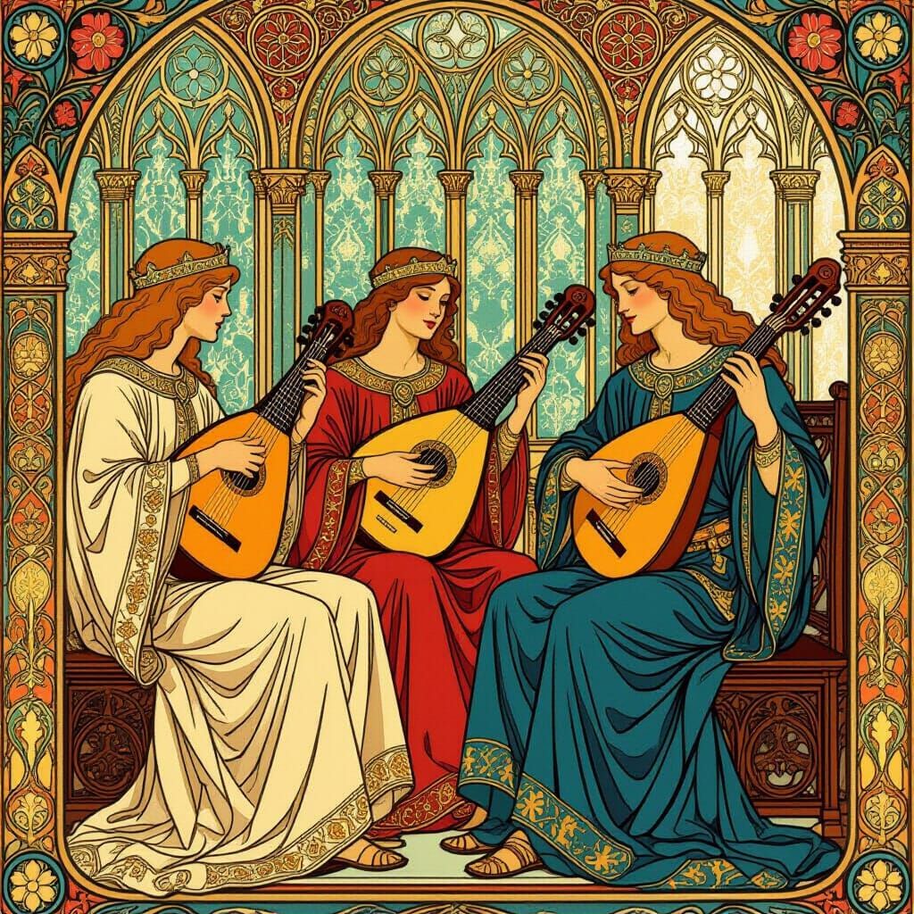 Medieval Musicians in Gothic Setting, Illuminated Manuscript...