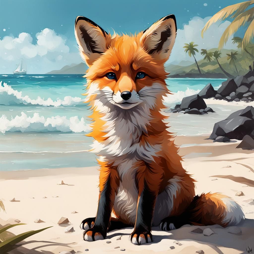 Whimsical Fox Pup in Sunglasses on Tropical Beach