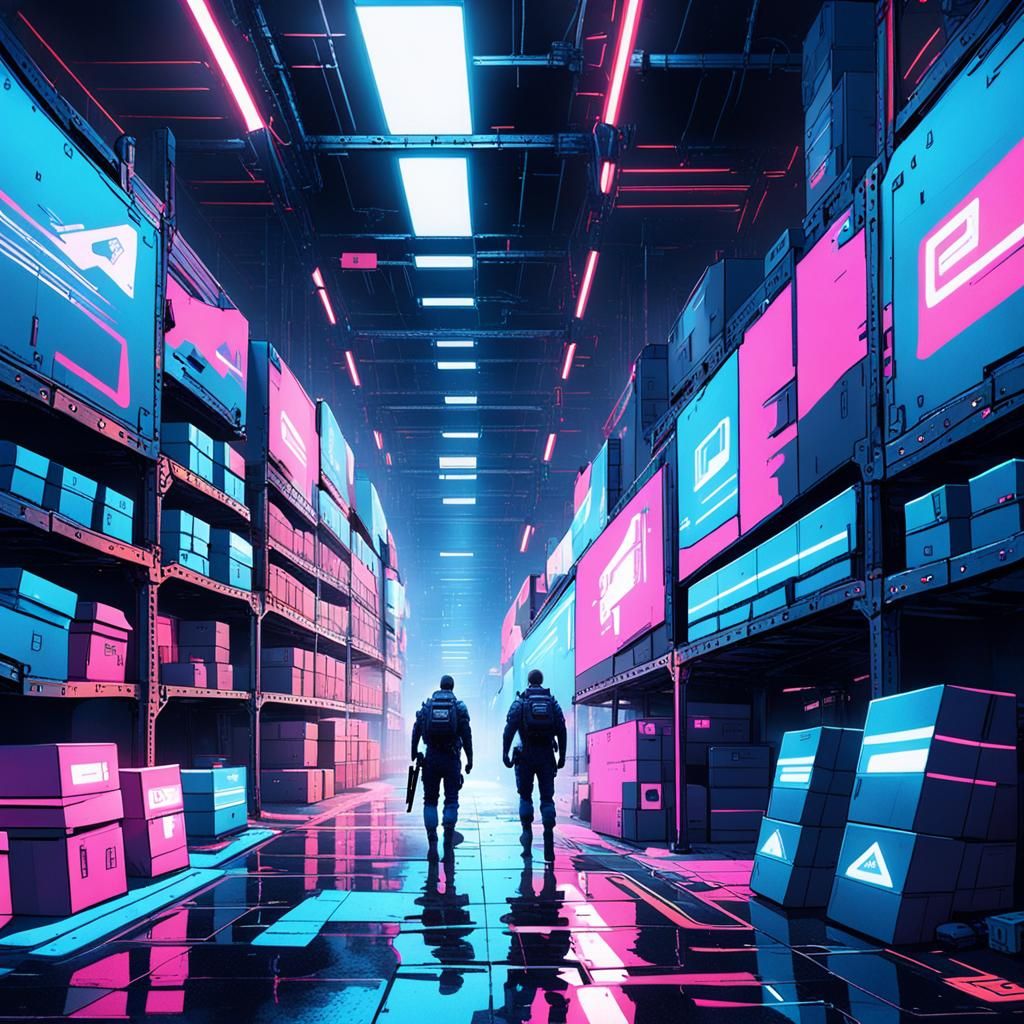 Cyberpunk Military Warehouse with Neon Illumination
