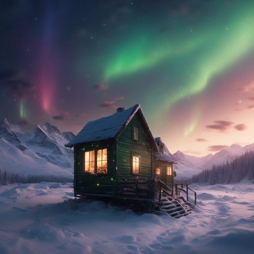 Colorful Fantasy Landscape with Northern Lights