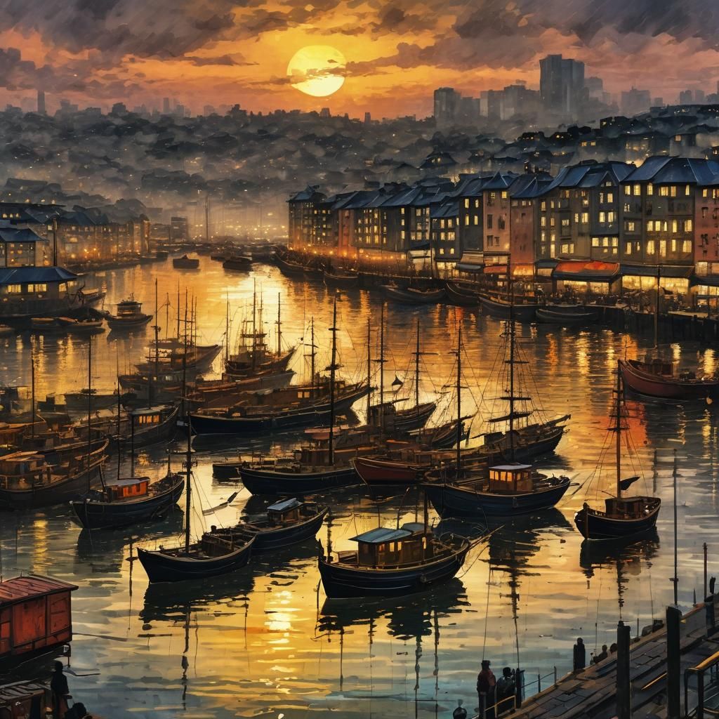 golden sunset over the busy harbour post impressionist water...