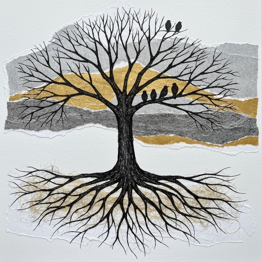 Abstract Mixed Media Bare Tree with Birds