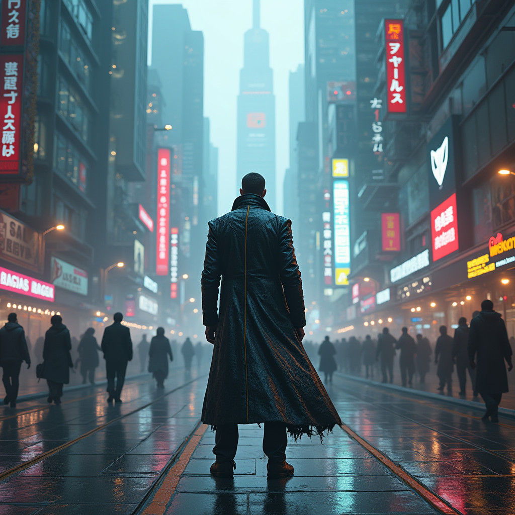 Cyberpunk Man in Cityscape, Matte Painting Style