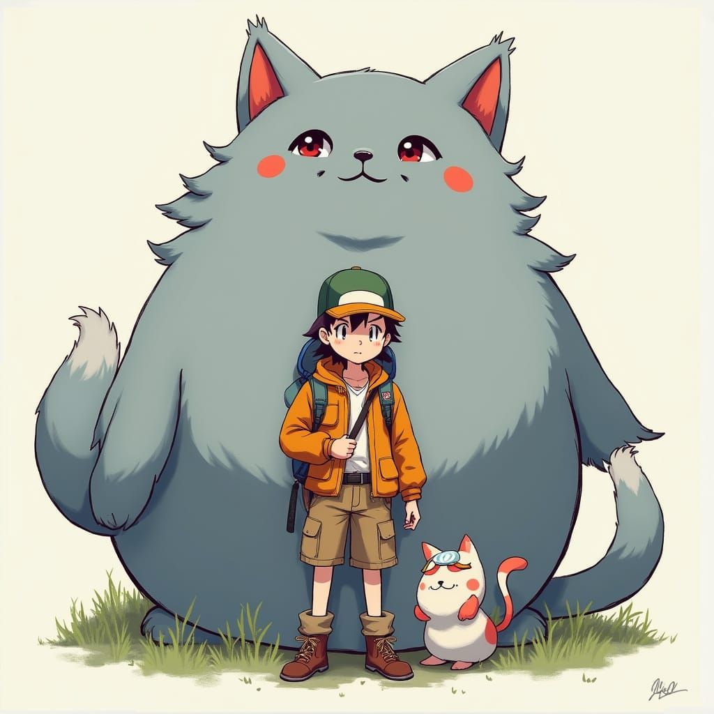 Pokémon Trainer with Giant Fluffy Cat in Anime Style