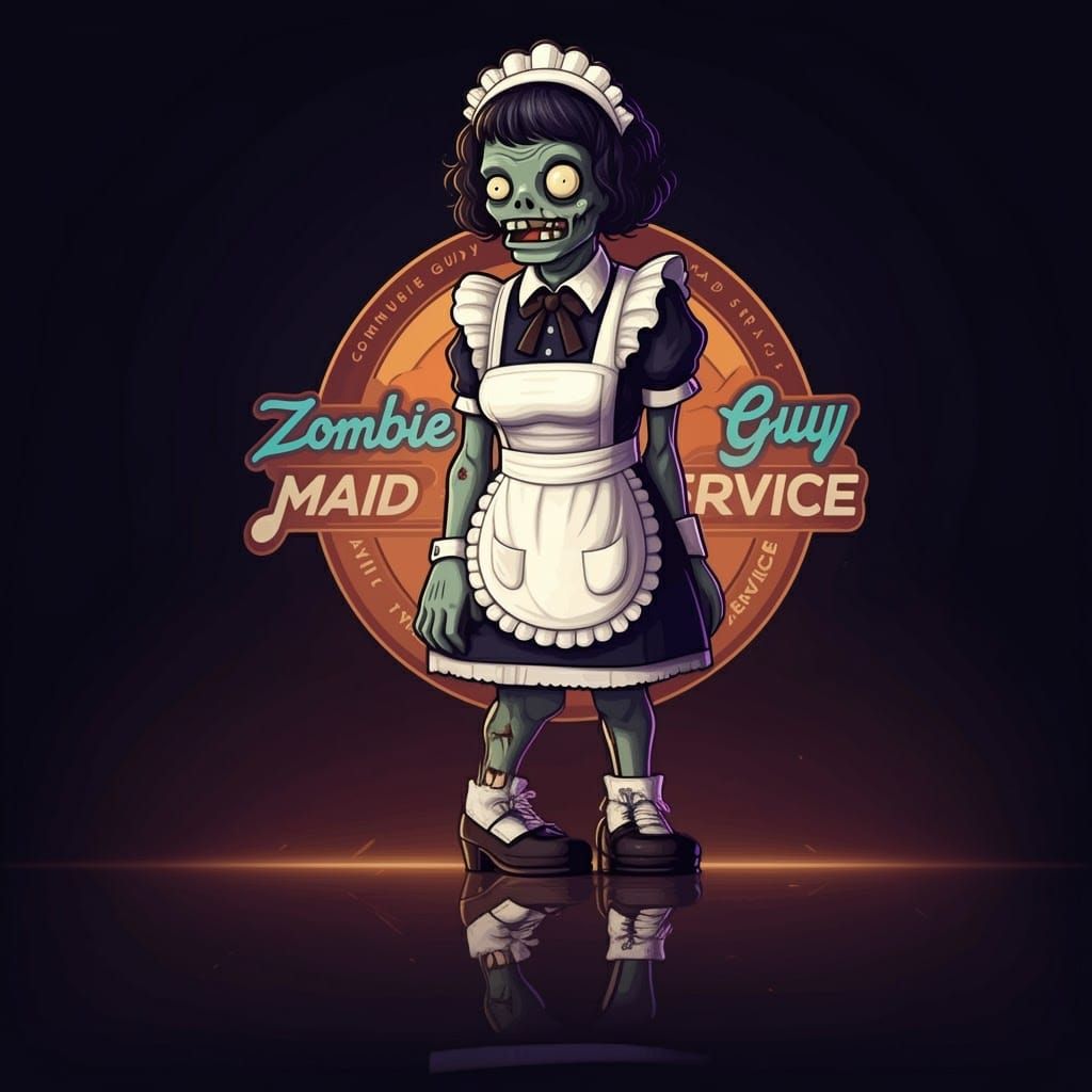 Smiling Zombie Maid Service Logo in Retro-Futuristic Style