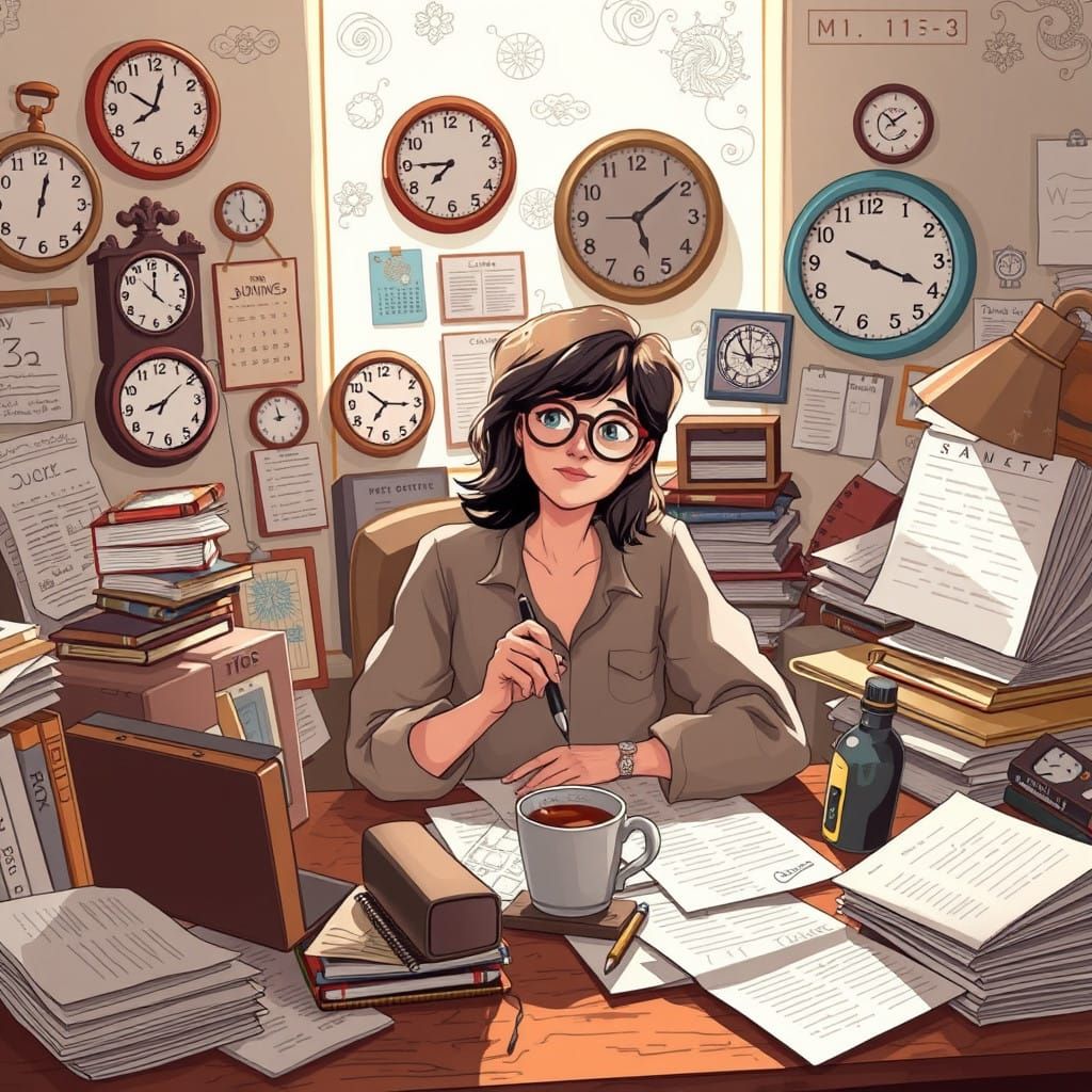 Artist in a Cozy Study with Clocks and Papers