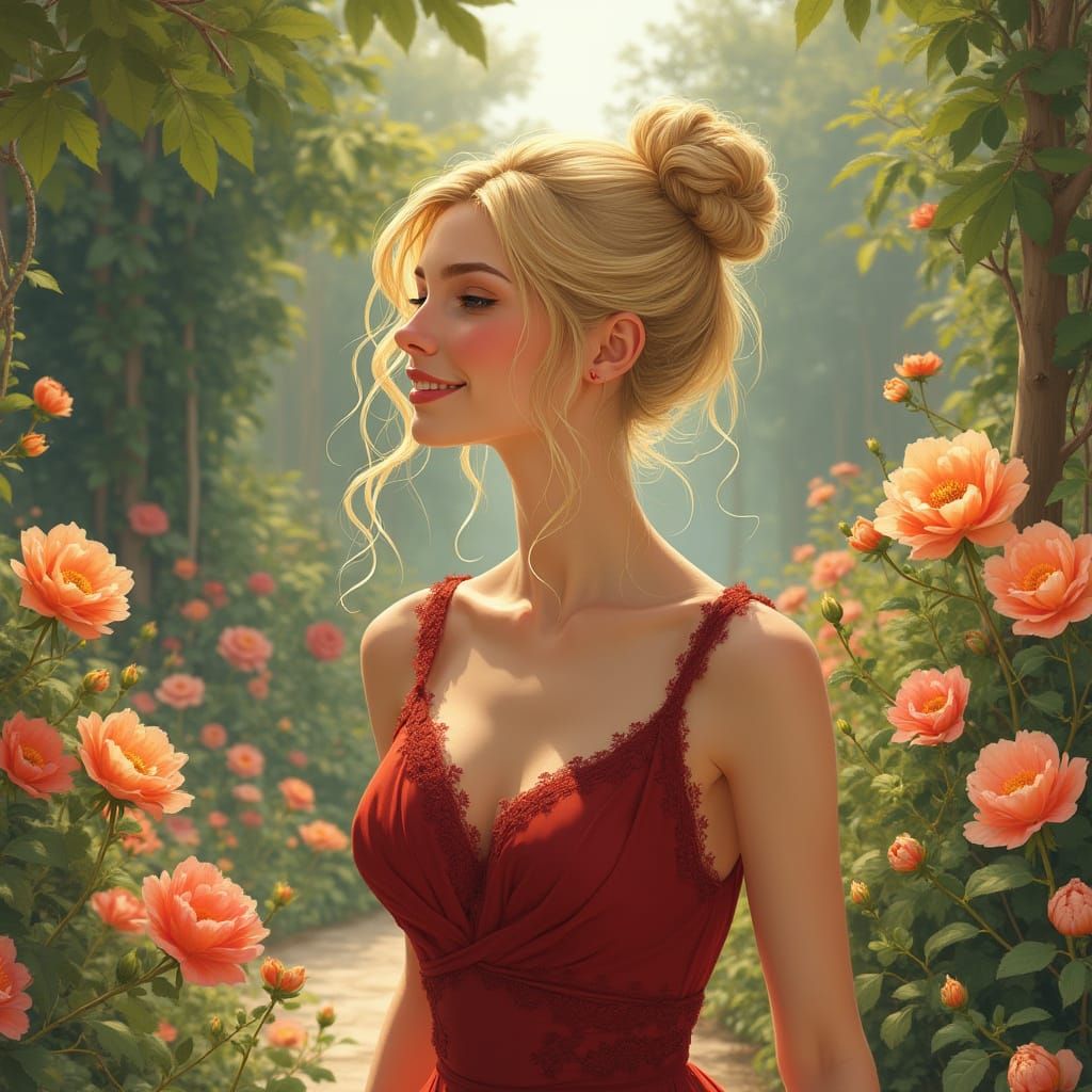 Blonde Woman in Garden: Digital Acrylic Style