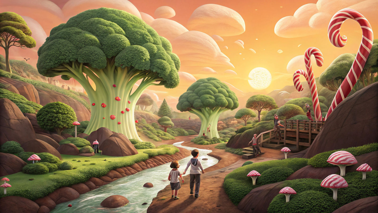 Edible Wonderland with Broccoli Trees and Chocolate Rivers
