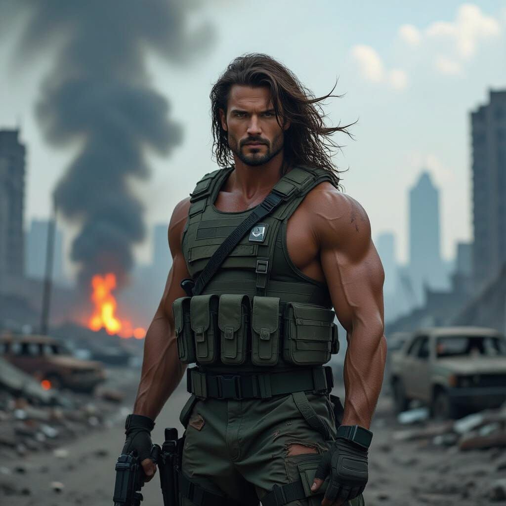 Resilient Warrior in War-Torn Cityscape