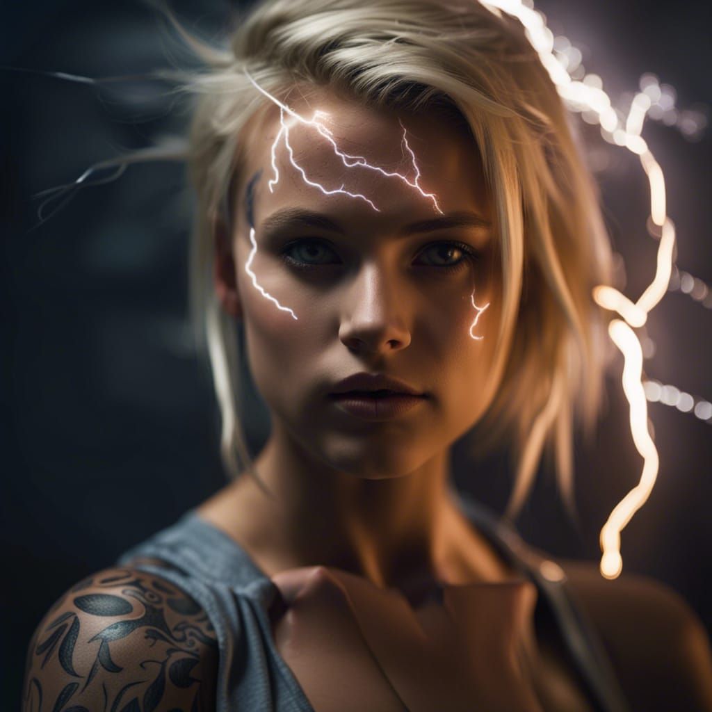 DAILY CHALLENGE : A young blonde beauty with lightning tattoos all over her body is one with lightning. She is always cl...