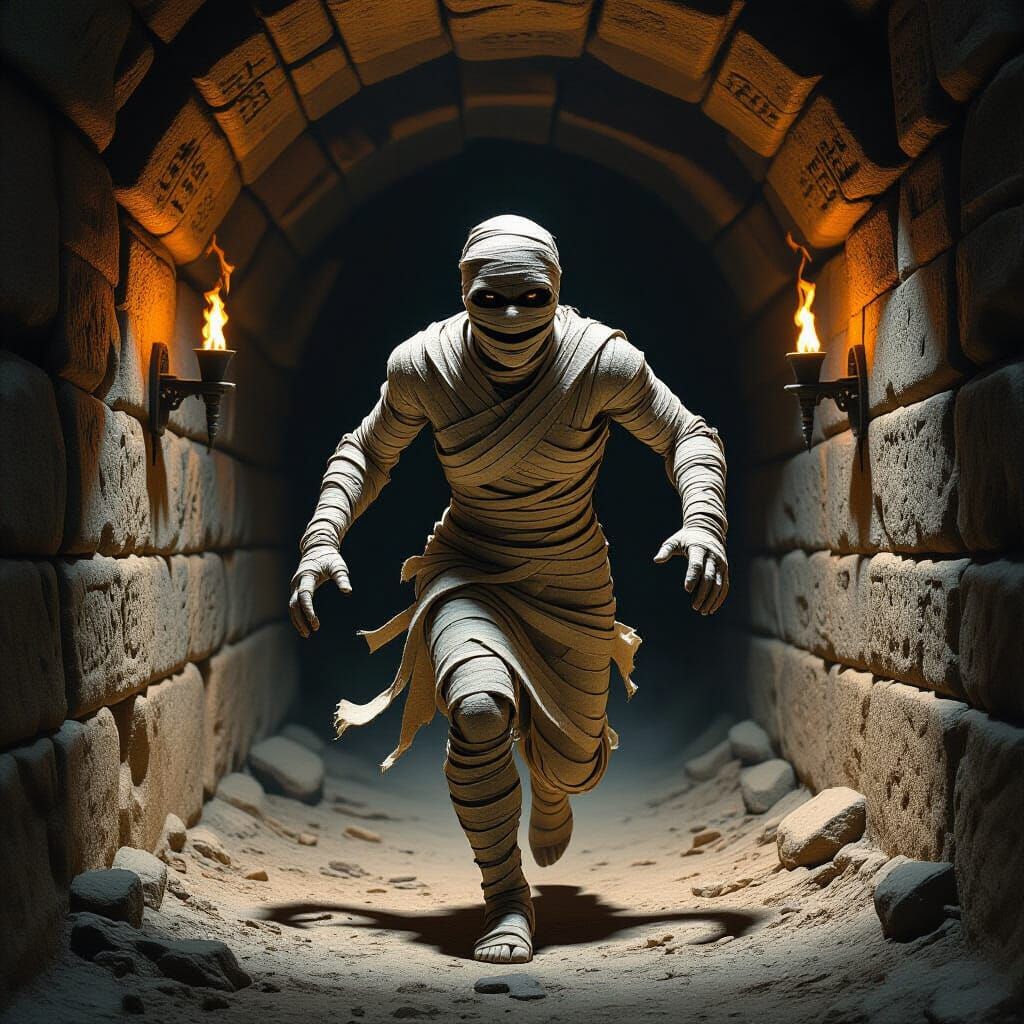 Mummy Runs Through Dark Fantasy Dungeon