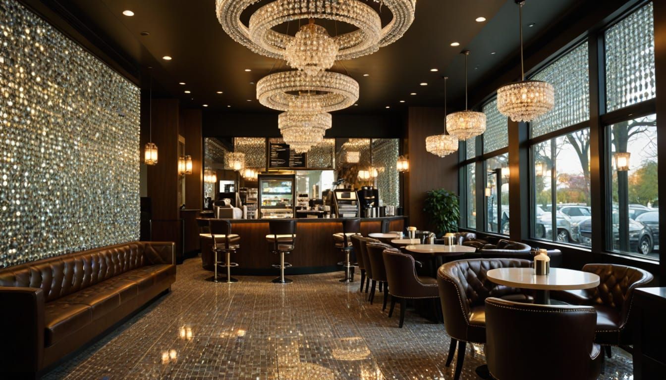 Elegant Starbucks Coffee Shop with Diamond Chandeliers and M...