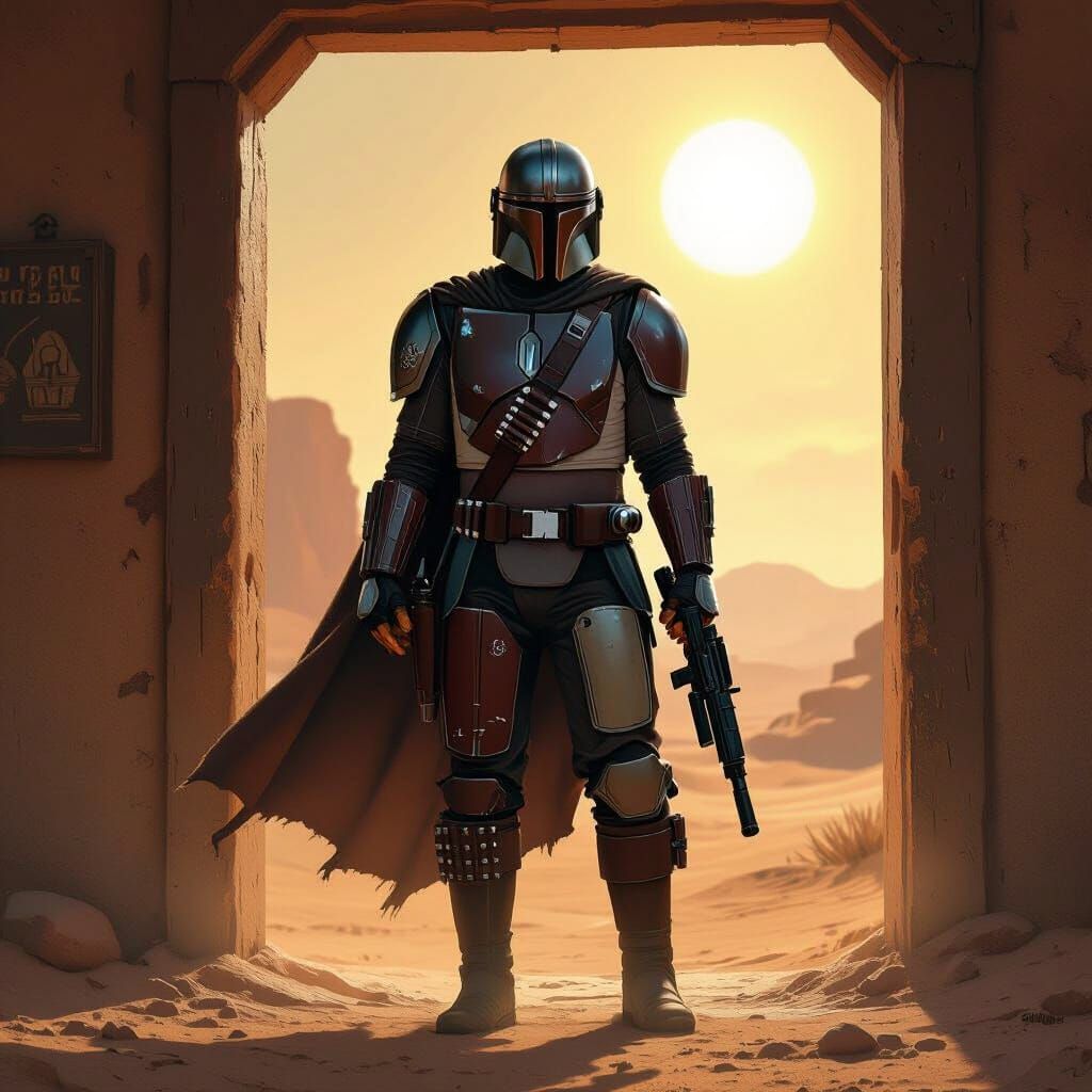 Mandalorian in Dusty Cantina, Hyperrealistic Concept Art