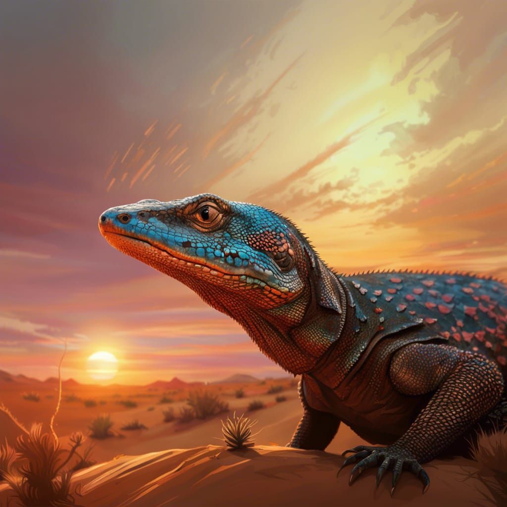 Desert Monitor Lizard at Sunset in Dark Style