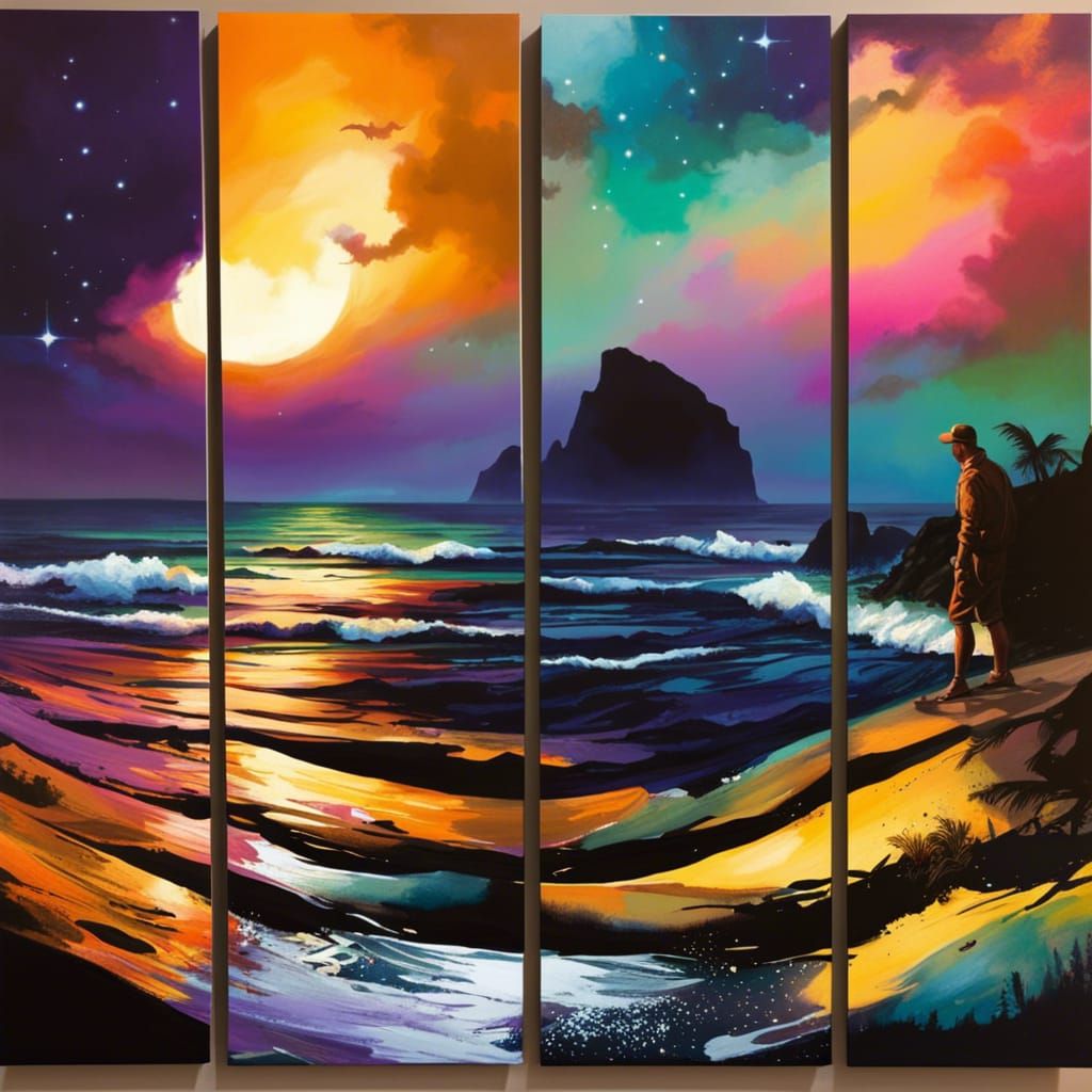 Beach Day to Starry Night as Oil Painting