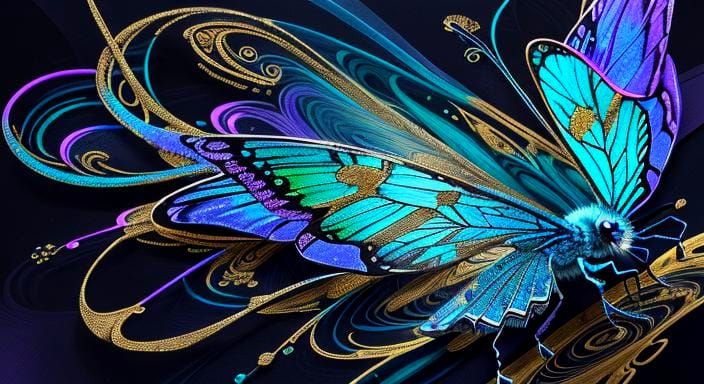 Butterflies with Gold Filigree in Ink Splatter Art