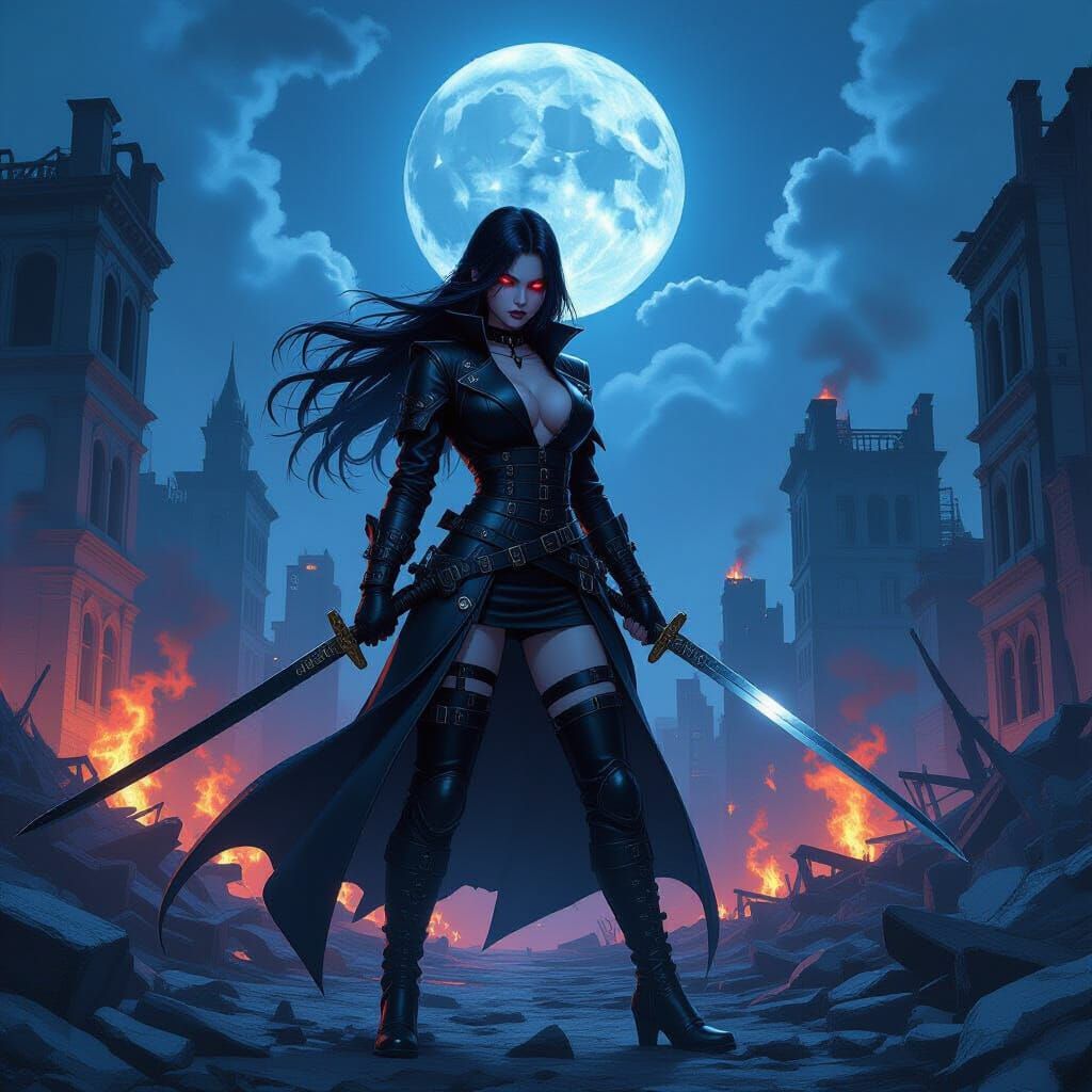 Gothic Demon Slayer in Ruined City, Dark Fantasy Art