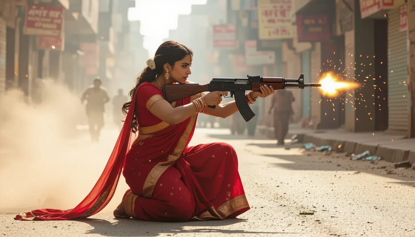 Indian Woman in Saree Firing Rifle: Cinematic Action