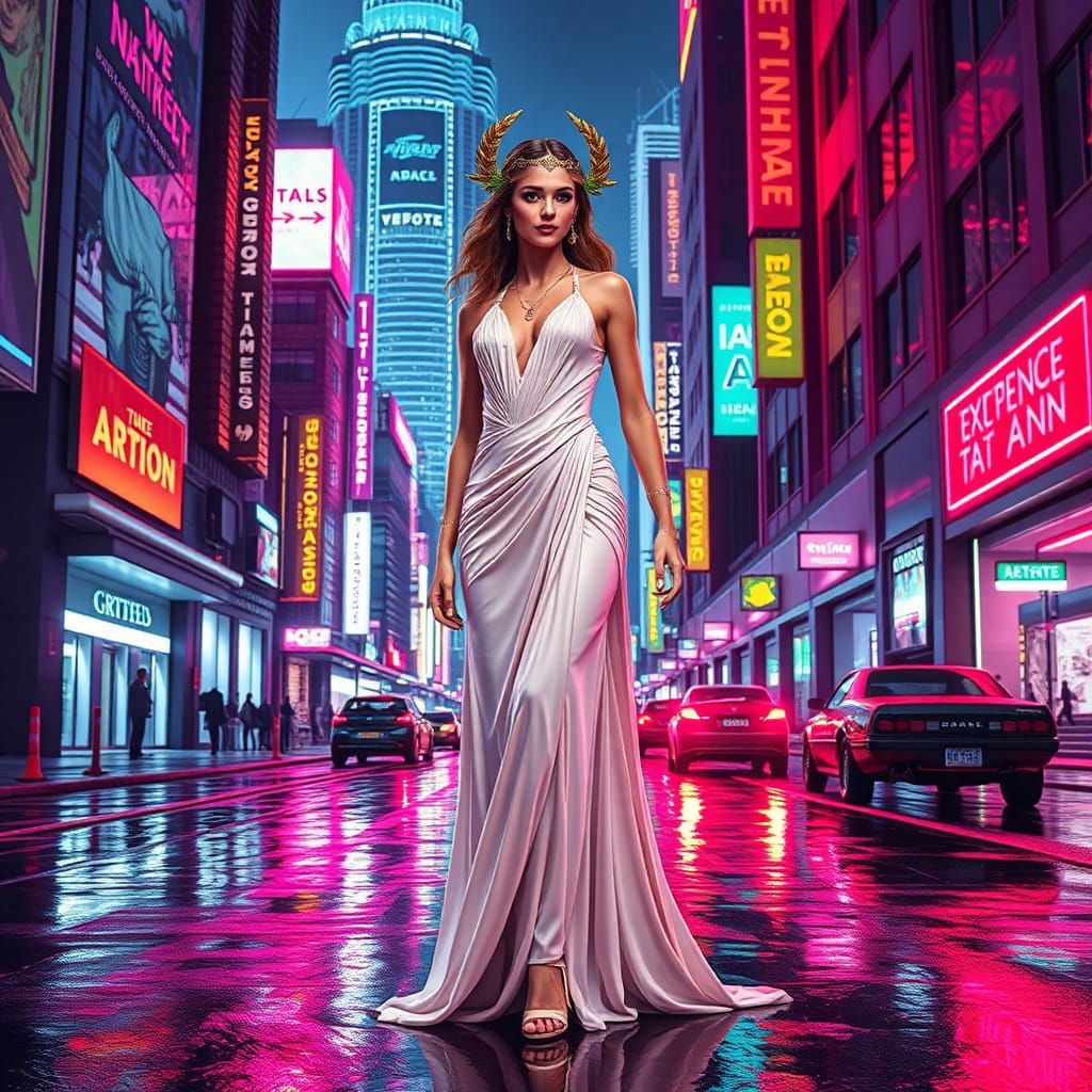 Greek Goddess in Athens: Synthwave Futurism