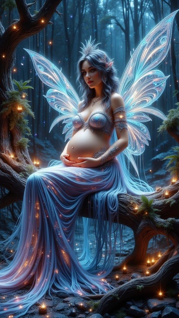 Pregnant Fairy Queen on Bioluminescent Throne