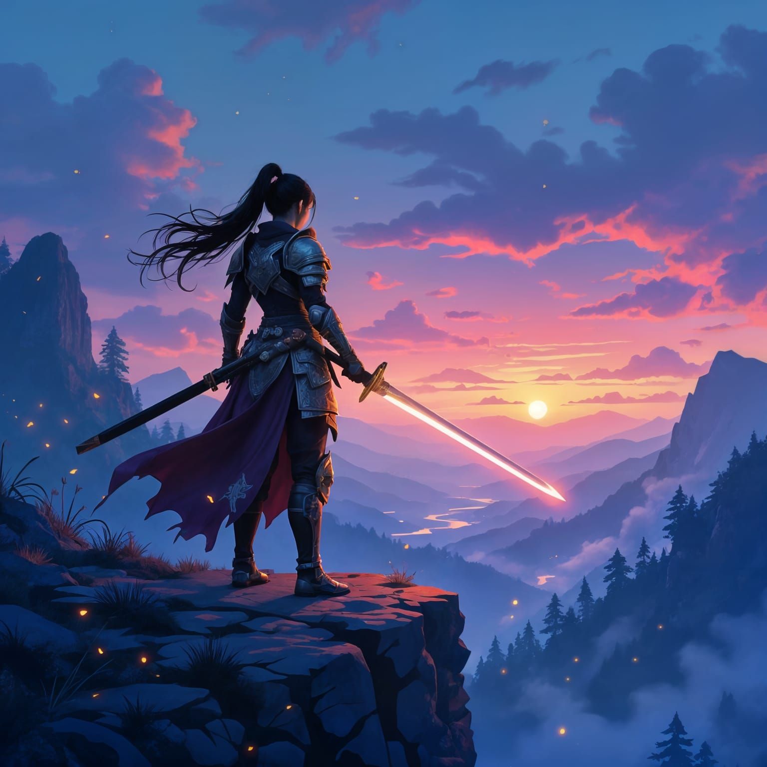 Warrior Girl Overlooking Enchanted Forest at Twilight