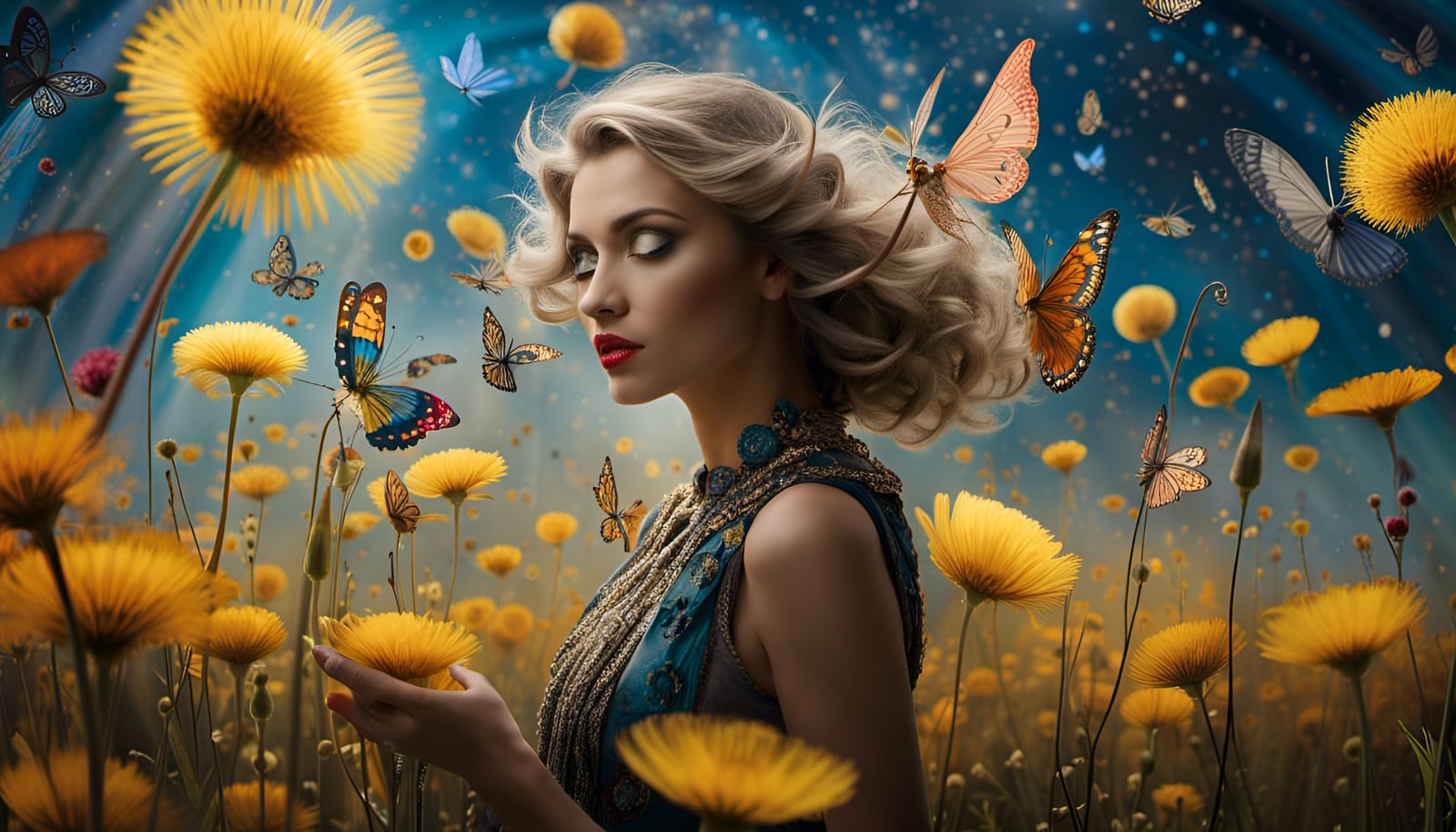 Winged Fairies in Dandelion Dreamscape, Surreal Art