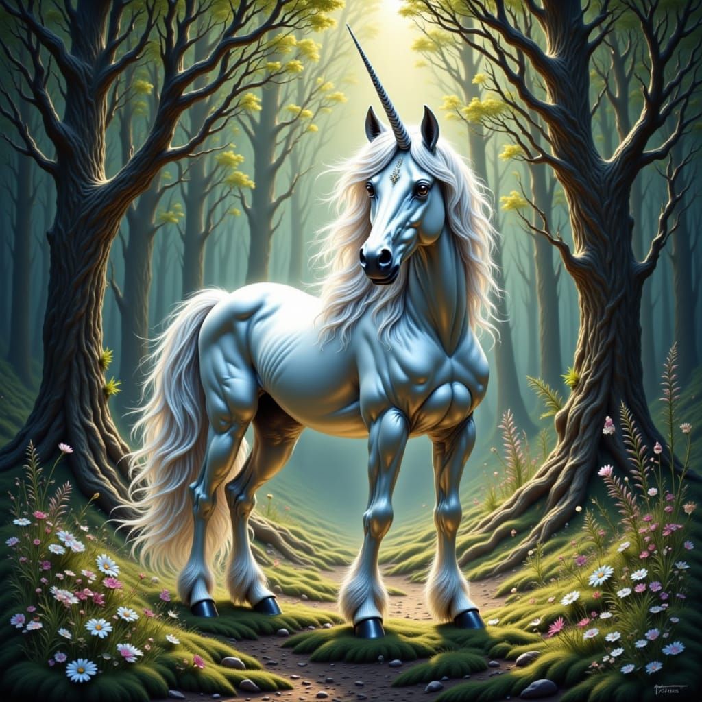 Majestic Silver Unicorn in Mystical Forest