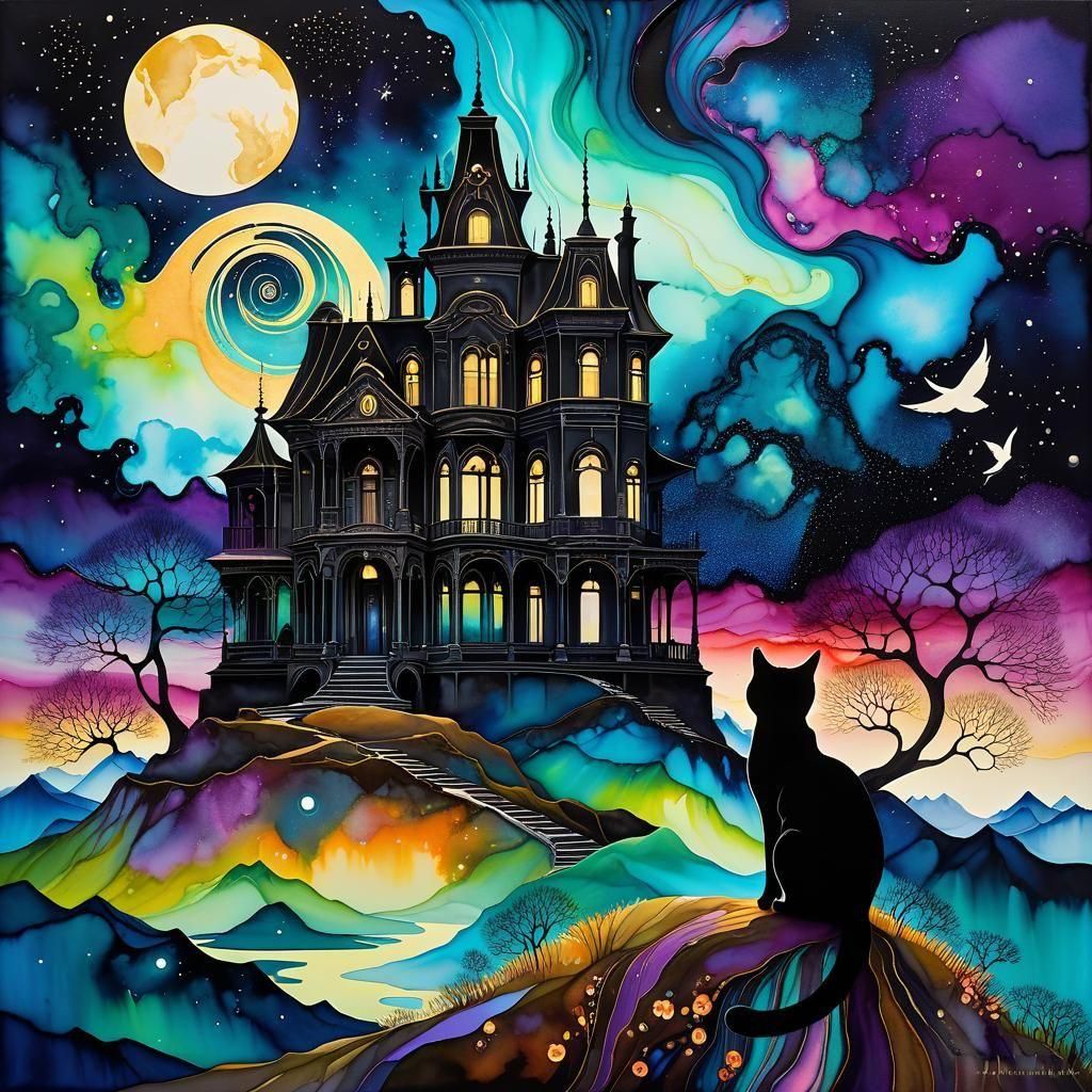 Nebula Cat in Whimsical Alcohol Ink Horror Mansion