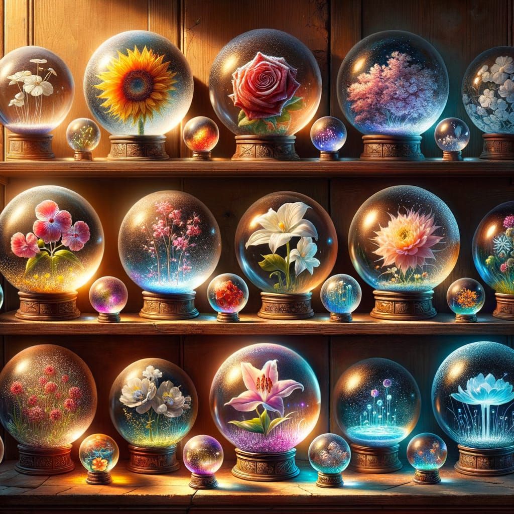 Enchanted Floral Worlds in Crystal Globes on Apothecary Shel...