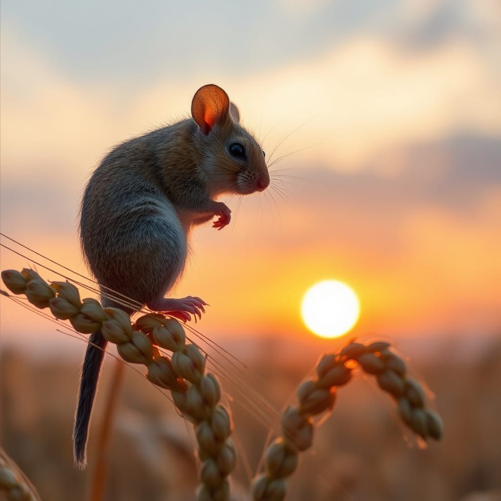 Harvest Mouse Climbing Wheat Ears at Sunset