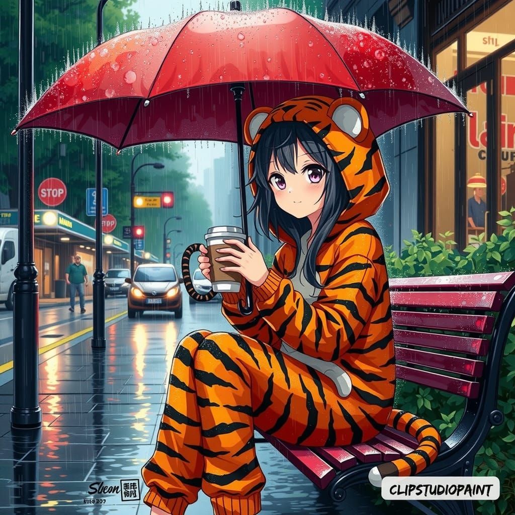 Anime Girl with Pet Coffee in Rainy Cityscape