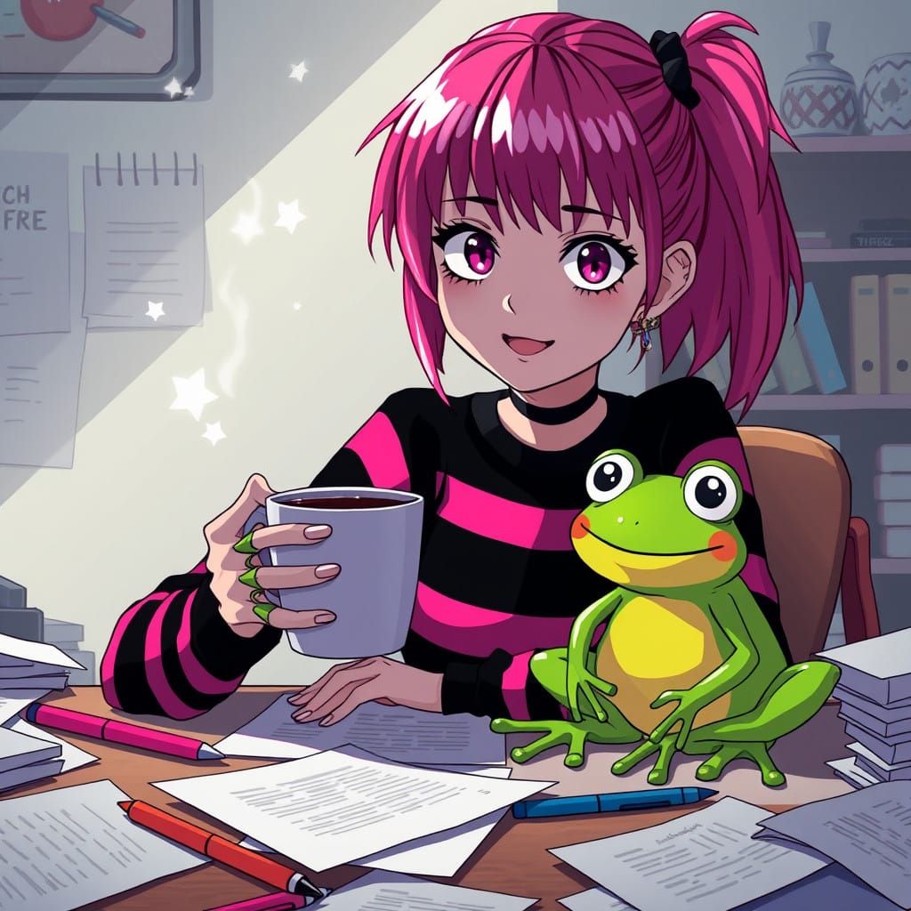 Emo Girl Surrounded by Vibrant Details in Anime Style