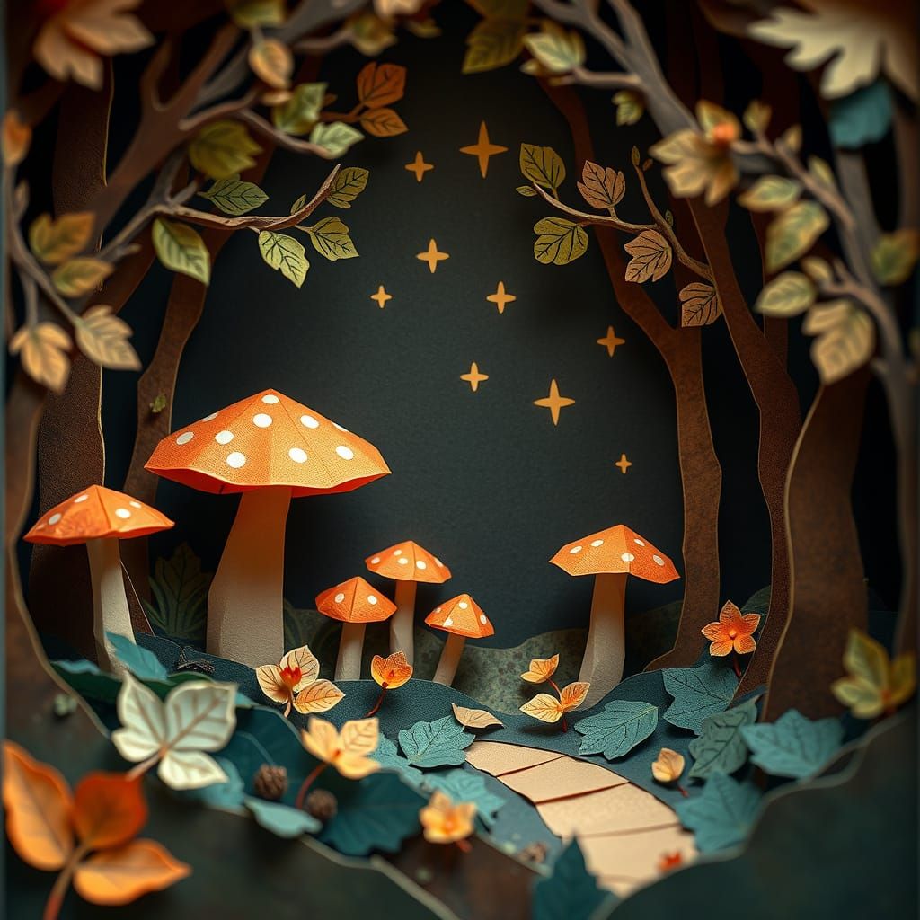 Intricate Papercraft Forest Diorama in Retro Colors