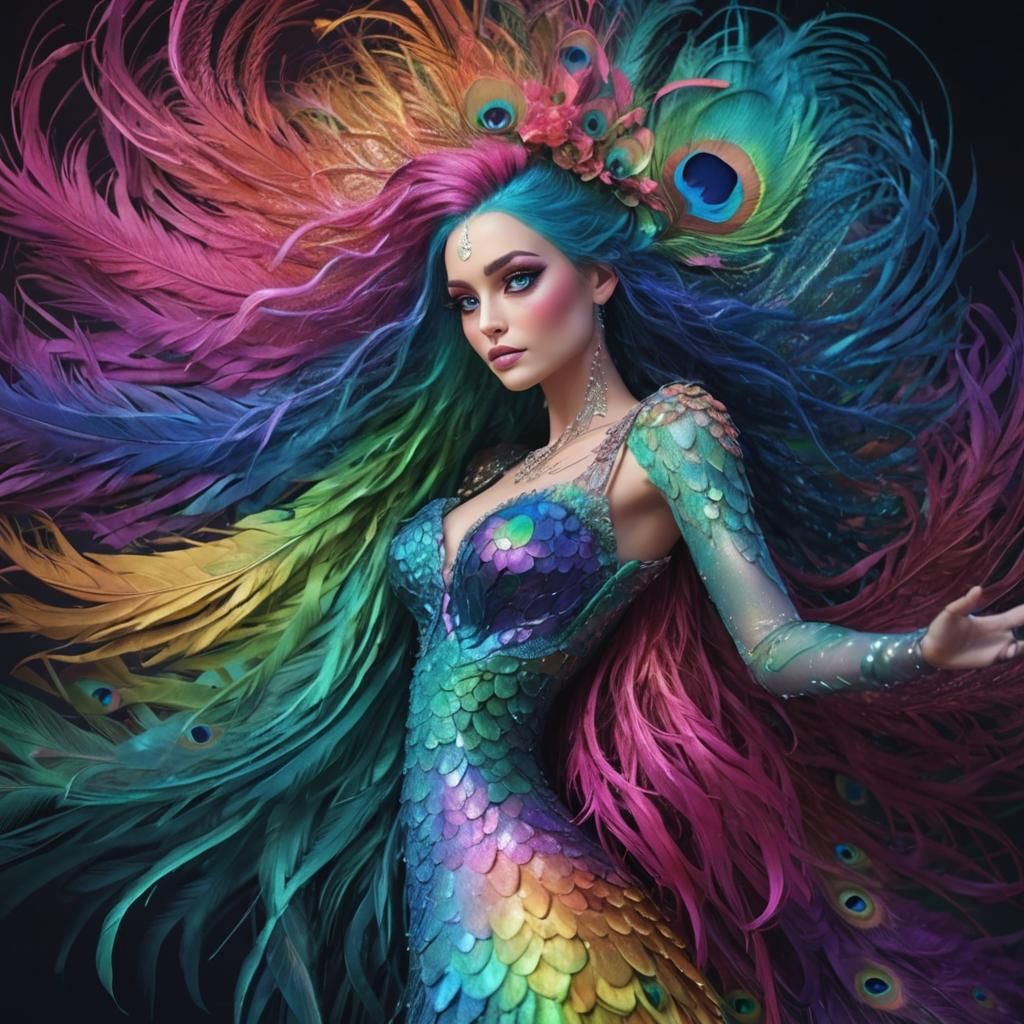Rainbow Peacock Woman: Pixar-Style 3D Digital Art
